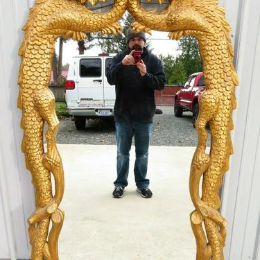 HUGE Vintage 62 x 39 GOLD CARVED WOOD DRAGON WALL MIRROR Chinoiserie Asian Art
