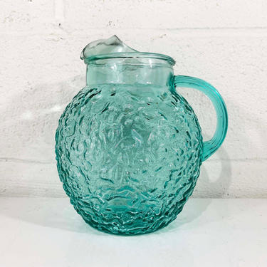Vintage Turquoise Glass Pitcher Teal 1970s Iced Tea Lemonade Mid-Century Colorful Home Decor Serving Dinner Party MCM Beach BBQ Picnic Blue 