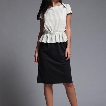 peplum secretary dress pinstripes black white short doll sleeves googly eye buttons vintage 70s SMALL MEDIUM S M 