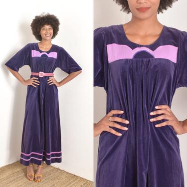 Vintage 1970s Dress / 70s Velvet Caftan Maxi Dress / Purple ( S M L ) 