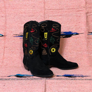 Vintage 1990s Black Suede Embroidered Boots, Vintage Suede, Embroidered Boots, Western Southwestern, Size 8M by Mo