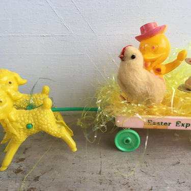 Vintage Rosen Rosbro Easter, Lambs Pulling Plastic Easter Express Wagon, Easter Candy Container 