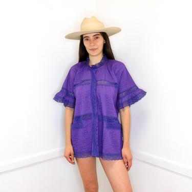 Mexican Pin Tuck Blouse // vintage cotton boho hippie Mexican embroidered dress hippy purple lace tunic // O/S 