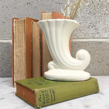Vintage Vase Retro 1960s Mid Century Modern + Cornucopia + Ceramic + Matte Ivory + Pottery + Small Size + Flower Display + Shelving Decor 