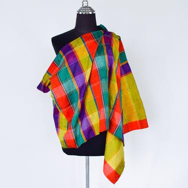 1980s Handwoven Silk Scarf | 80s Orange Silk Plaid Wrap | TIABOK Siam 