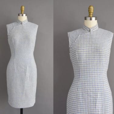 vintage 1950s dress | Lavender & Blue Winter Wool Cheongsam Cocktail Party Wiggle Dress | XS Small | 50s vintage dress 
