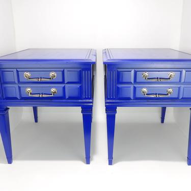 Pair of Nightstands Ink Navy Blue &amp; Brass Night Stands Painted Furniture Bedside End Tables Mid Century Modern Wood Vintage Bedroom 