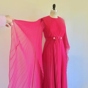 Vintage 1960's Magenta Pink Chiffon Pleated Long Maxi Dress Butterfly Sleeves Evening Cocktail Hostess Gown Formal Miss Elliotte 28&quot; Waist 