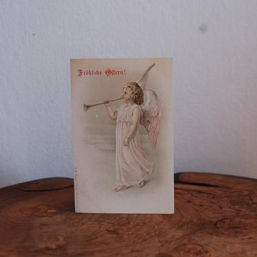 Fröhliche Ostern, Happy Easter Undivided Unused A.&amp;M.B. Postcard A Childlike Gabriel Blowing a Trumpet Blast sounding &amp;quot;The Lord has Risen&amp;quot; 