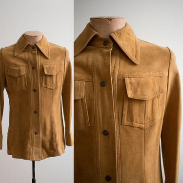 1960s Camel Suede Button Down Shirt / Suede Shirt / Suede Jacket / Moto Jacket / 60s Suede Slim Cut Shirt 
