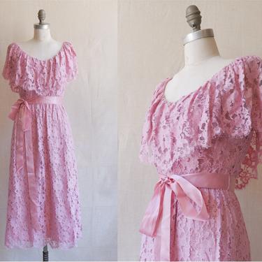 Vintage 70s Dusty Rose Lace Dress/ 1970s Pink Off The Shoulder Ruffle Gown/ Size Small 