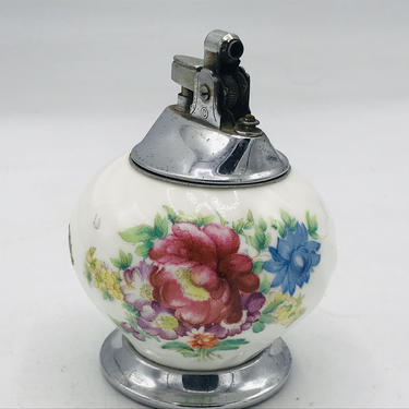 Rare Vintage Flowers Bone China Japan Table Lighter Ceramic with sticker Chrome Base 