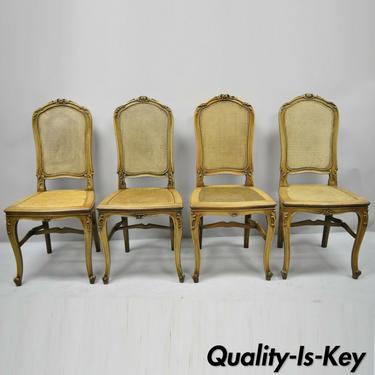 4 Antique French Provincial Louis XV Style Carved Walnut &amp; Cane Dining Chairs