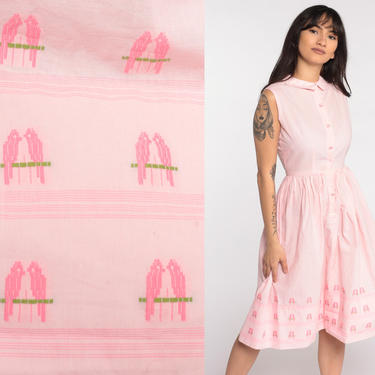 1960s Day Dress Bird Dress Baby Pink Cotton 60s Cotton Day Dress Pastel Peter pan collar Midi Button Up Pin Up Vintage Length Extra Small xs 