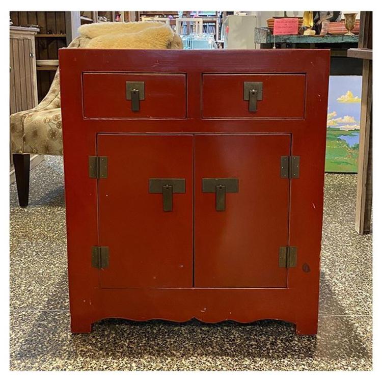 Red painted Asian Cabinet 27.5” wide / 18” deep / 32” height 