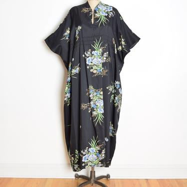 vintage 70s caftan dress black floral print Hawaiian aloha long maxi XL XXL clothing 