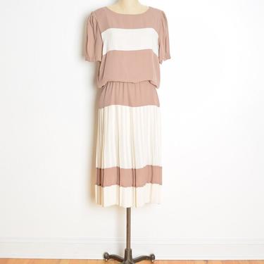 vintage 80s dress cocoa cream striped bloused pleated secretary midi dress L clothing 