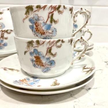 12 Piece of Vintage Haviland Co. Limoges France Blue and Pink Flora  Pattern Tea Cup and Saucers by LeChalet