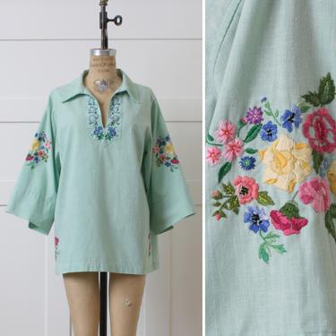 volup vintage 1970s embroidered blouse • mint green handmade cotton bell sleeve tunic 