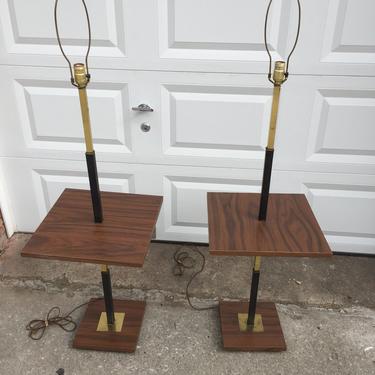 Pair Mid Century Modern Formica Brass &amp; Wood Standing Lamp Table 1970s - Pickup Only and Delivery to Selected Cities - 