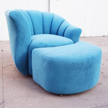 Turquoise Upholstered Curved Channel Back Chair and Ottoman 