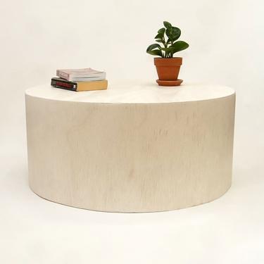 Low Circular Round Drum Coffee Table. Modern Round Low Coffee Table, Extra seating- Whitewash 