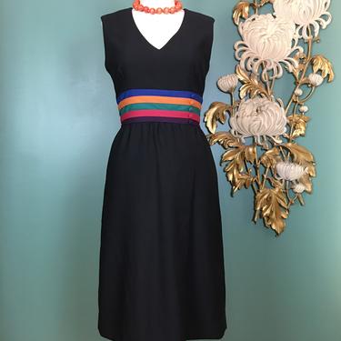 1970s sheath dress, vintage 70s dress, 1950s style dress, rainbow dress, size medium, sleeveless dress, retro dress, slim fitted dress, 28 