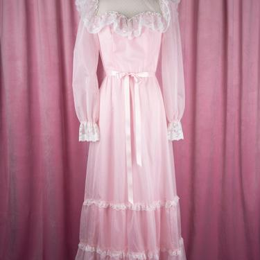 Vintage 70s Sheer Pastel Pink Swiss Dot Floor Length Dress with Sweetheart Bodice and Lace Yoke and Ruffle Trim 