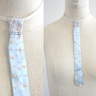 1950s/60s Blue Satin Ribbon Necktie with Sequins and Beads 