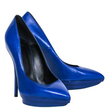 Versace - Cobalt Blue Leather Pointed Toe Platform Stilettos Sz 8