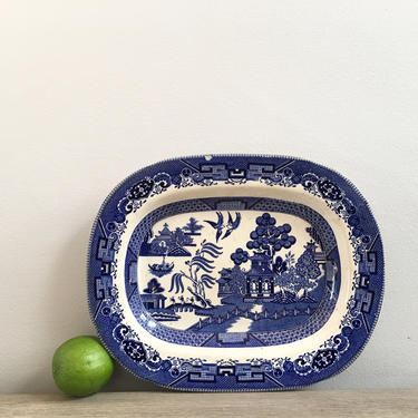 Antique Blue Willow Serving Platter Tray Buffalo Pottery 1916 Blue White Chinoiserie China 