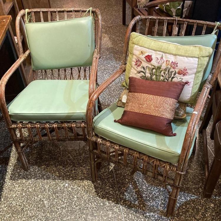 Two outdoor hickory armchairs with sage cushions, 