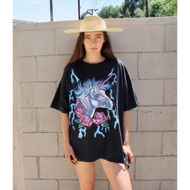 Unicorn Lightning Tee // vintage USA American Thunder 80s 90s boho shirt t-shirt t dress hippie hippy cotton soft thin black oversize // O/S 