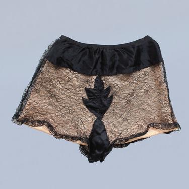 Rare! 1940s Lingerie / 40s Black Lace Adam and Eve Leaf Panties / Tap Shorts / Novelty / Risque 