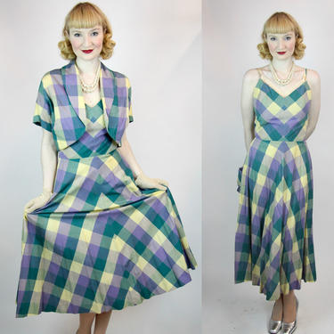 Vintage 1940s WWII Dress Cotton Gingham Checkered Novelty Print Fit and Flare with Crop Jacket Gree Yellow Purple Del Mar S  XS 26&amp;quot; waist 