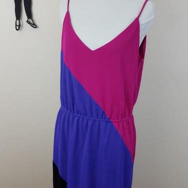 Vintage 1970's Color Block Dress / 80s Polyester Dress L 