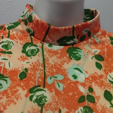 Bright Orange and Green Floral Zip Back Mock Turtle 60s 70s 
