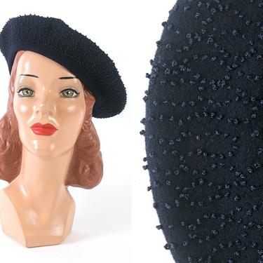 Vintage 1940s 1950s Hat | 40s 50s French Knot Beret Navy Blue Wool Tam 