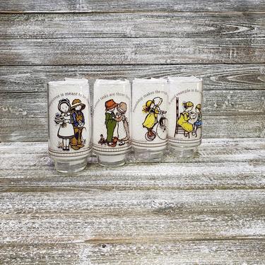 1970s Vintage Coca Cola Holly Hobbie Glasses, Limited Edition Coke Holly Hobbie Happy Glass Tumblers, American Greetings, Vintage Kitchen 