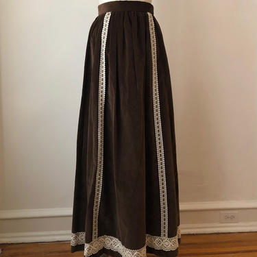 Brown Velveteen Maxi Skirt with Cream Crochet Trim - 1970s 
