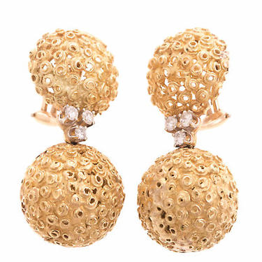 14 K Yellow Gold and Diamond Granulated Texture Antique Clip Back Earrings 