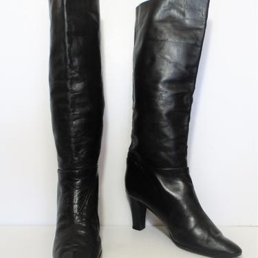 Vintage Hana Mackler Black Leather Boots, 9B Women, High Heels, Knee High Heeled Boots 
