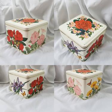 Vintage Floral Cookie Tin / Covered Square Biscuit Tin / 1980 Painted Metal Box with Lid / Granny Chic Kitchen Decor Metal Storage Container 
