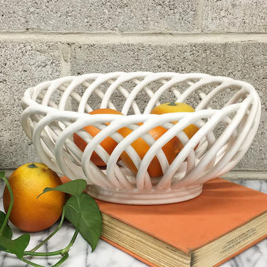 Vintage Bowl Retro 1980s White Ceramic + Fruit Bowl + Semi Open Sides with Curved and Woven Bars + Home and Kitchen Decor or Storage 