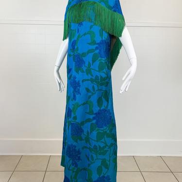 60’s blue and green floral dress with shawl detail 