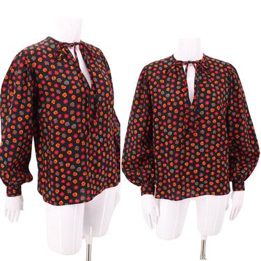 70s YSL print peasant blouse 8 / vintage 1970s Yves Saint Laurent wool challis black colorful puff sleeve top 38 