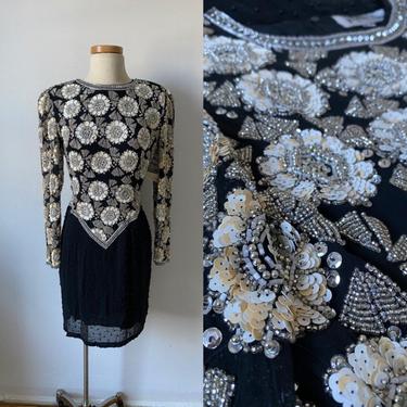 Black and Cream Floral Beaded 80s Dress 