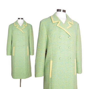 Vintage Tweed Coat, Medium / Green and Yellow Wool Coat / 1960s Mod Coat / 3/4 Length Double Breasted Coat / Lightweight Spring Dress Coat 