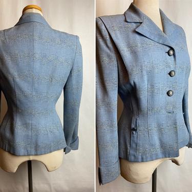 1950’s fitted blazer~ baby blue fleck women’s suit jacket~ pinup 40’s 50’s~ gaberdine tailored retro coat~ true vintage ~size Medium 