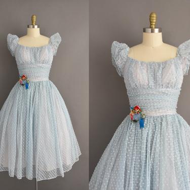 vintage 1950s dress | Outstanding Blue Flocked Sweeping Full Skirt Cocktail Party Prom Bridesmaid Wedding Dress | Small | 50s vintage dress 